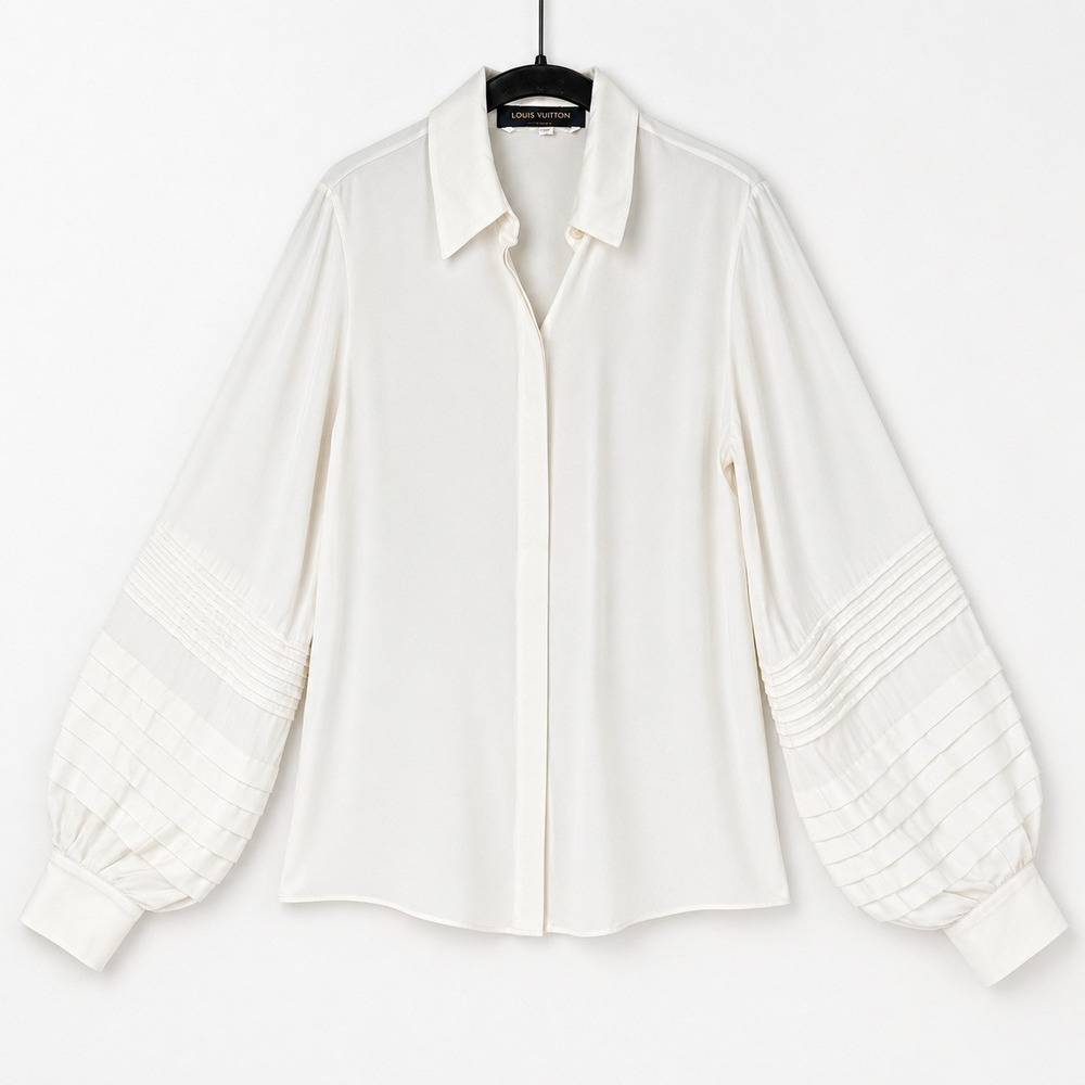 Louis Vuitton Uniforms Blouse Women's 34 XS Ivory Pleated Balloon Sleeve Shirt